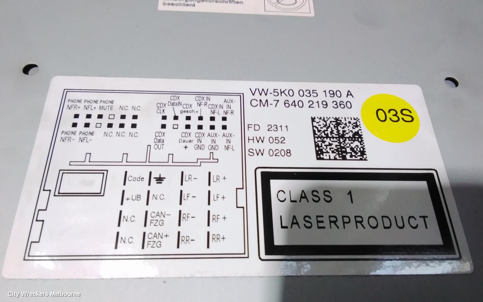 VOLKSWAGEN PASSAT RADIO/CD/DVD/SAT/TV, DISPLAY & HEAD UNIT (RCD510), 3C/MK6 B6-B7/3CC, 03/2006 - 12/2016