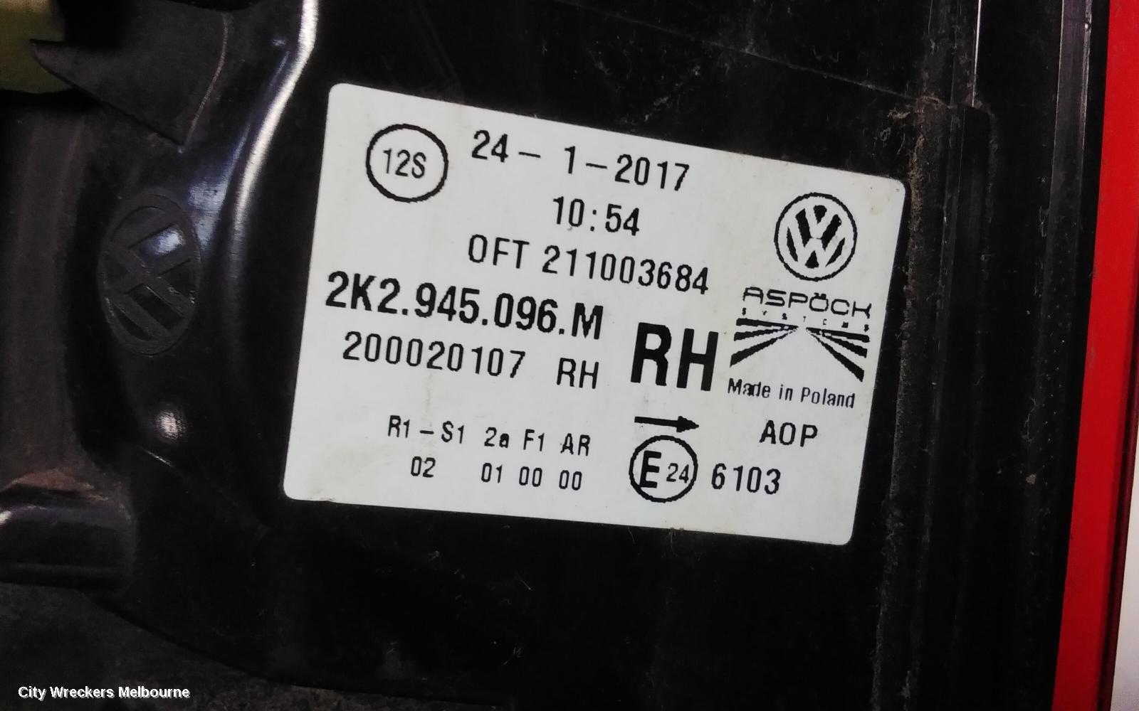 VOLKSWAGEN CADDY RIGHT TAILLIGHT, 2KN, TAILGATE TYPE, 07/2015 - 02/2021