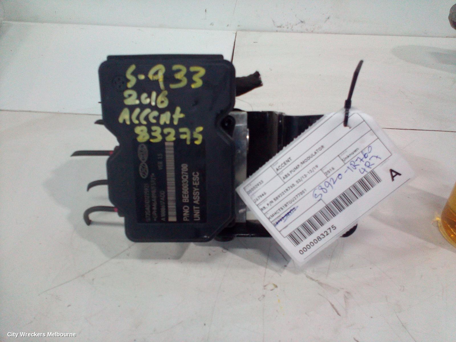 HYUNDAI ACCENT ABS PUMP/MODULATOR, RB, P/N 589201R760, 03/2013 - 12/2019
