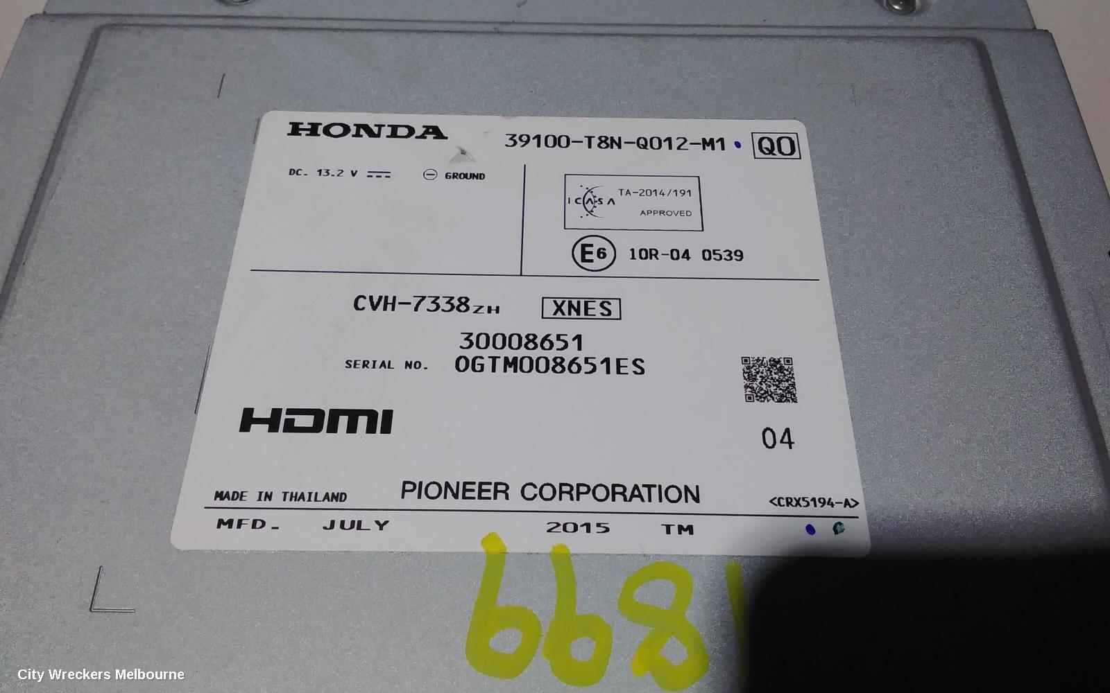 HONDA HRV RADIO/CD/DVD/SAT/TV, 7IN TOUCHSCREEN, NON SAT NAV TYPE, RU5, 12/2014 - 04/2017