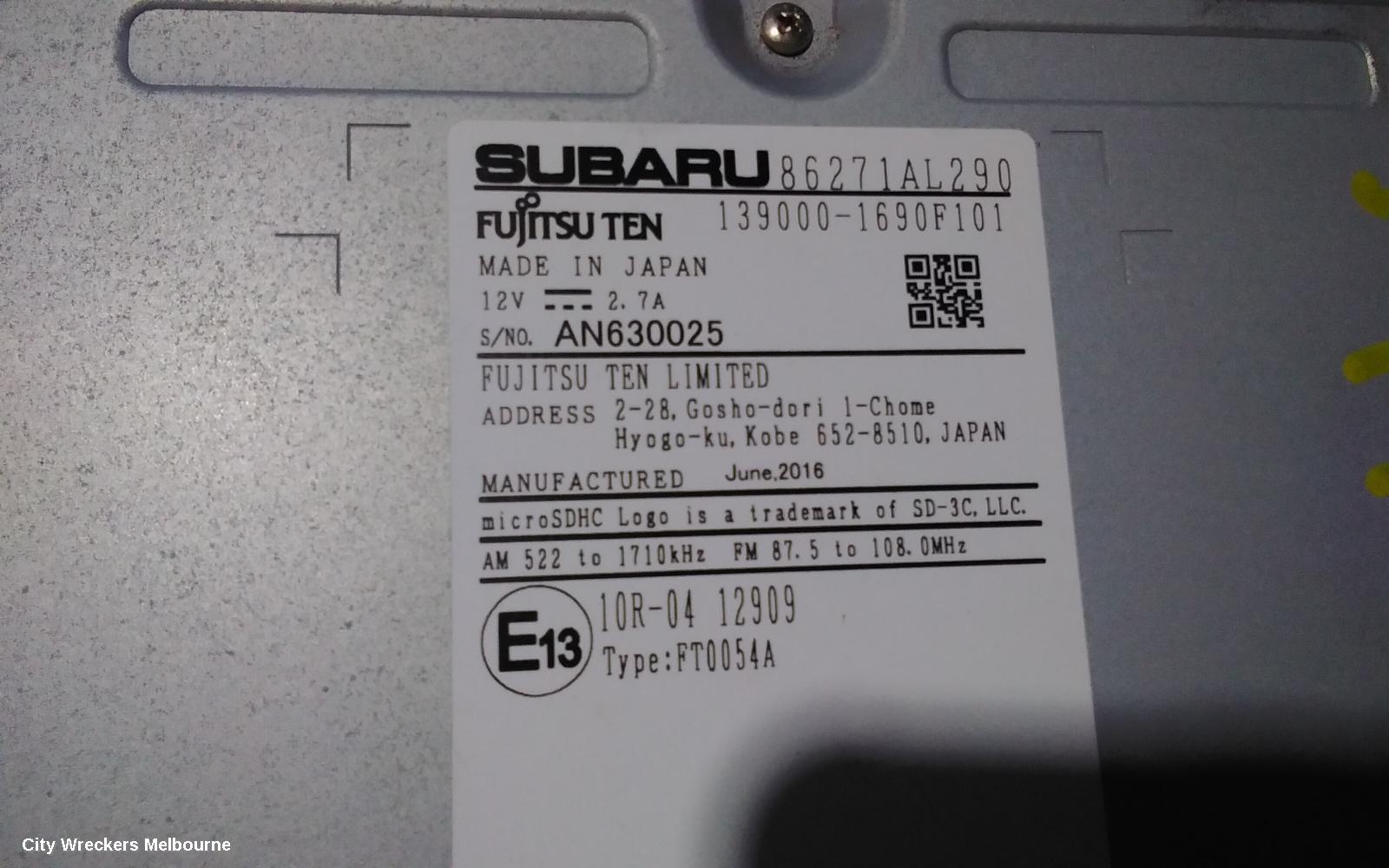 SUBARU OUTBACK RADIO/CD/DVD/SAT/TV, HEAD UNIT, SAT NAV TYPE, P/N ON FACE FB295KS, 6TH GEN, 08/2014 - 12/2020