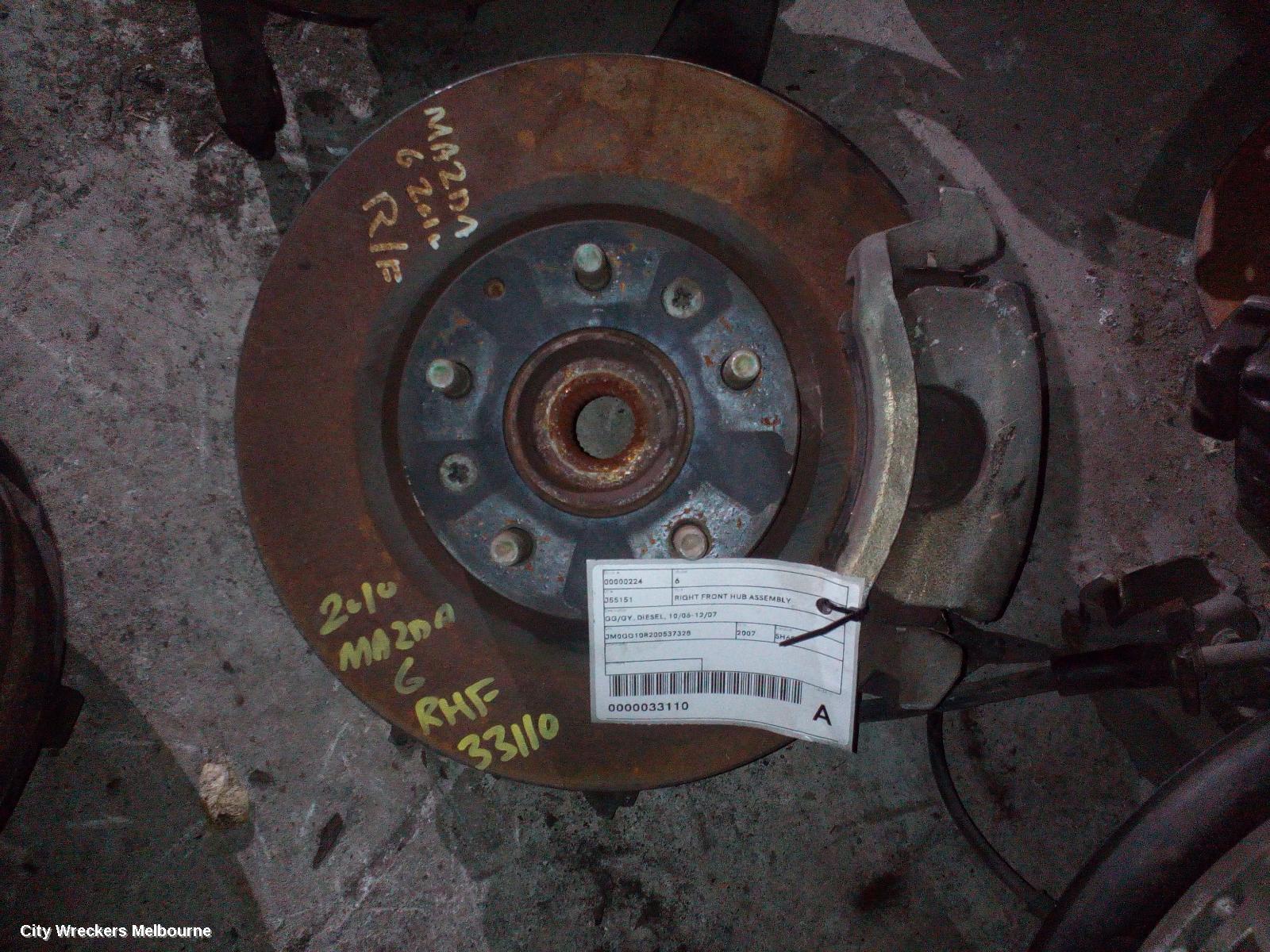 MAZDA 6 RIGHT FRONT HUB ASSEMBLY, GG/GY, DIESEL, 10/2006 - 12/2007