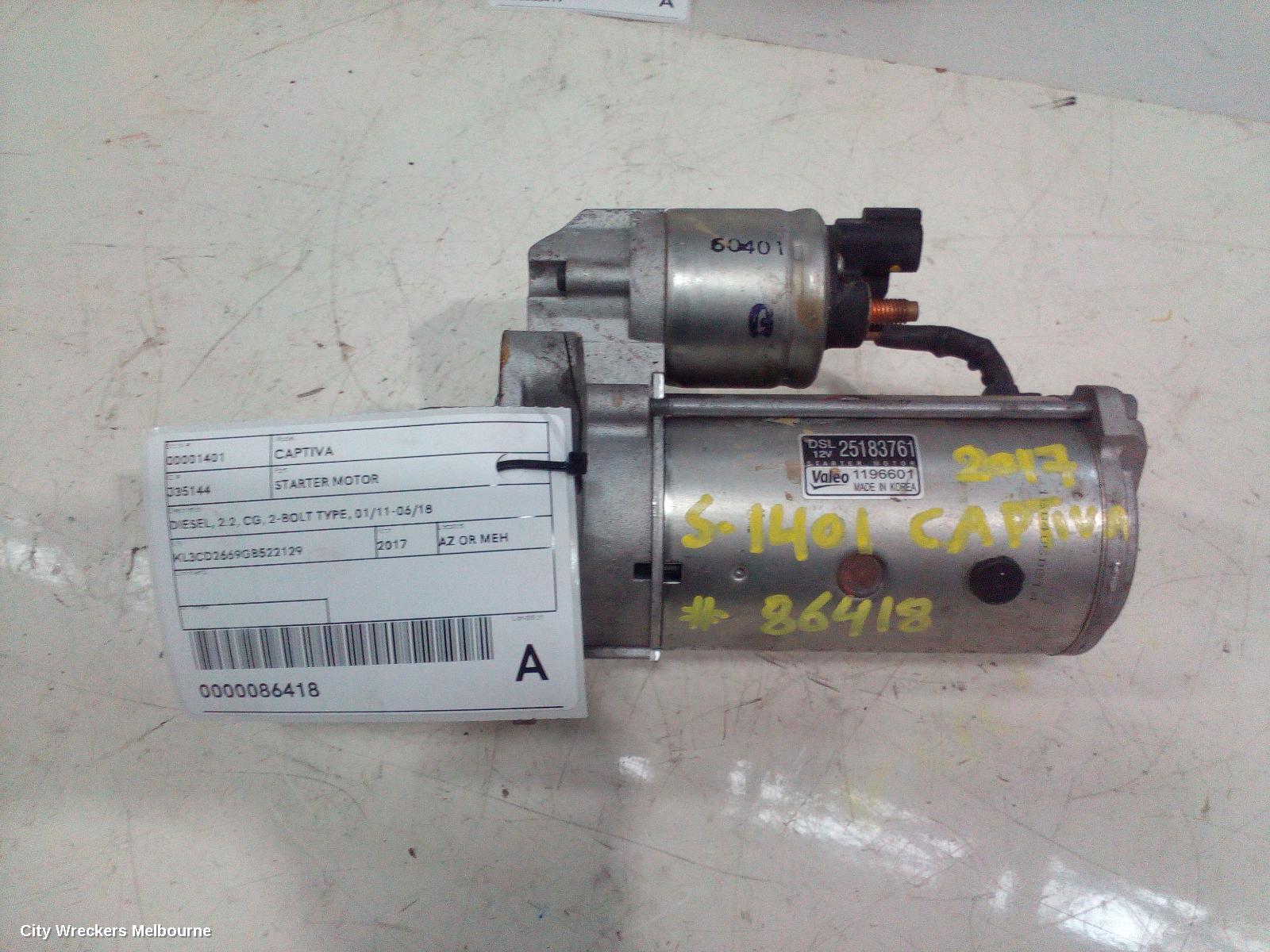 HOLDEN CAPTIVA STARTER, DIESEL, 2.2, CG, 3-BOLT TYPE, 01/2011 - 06/2018