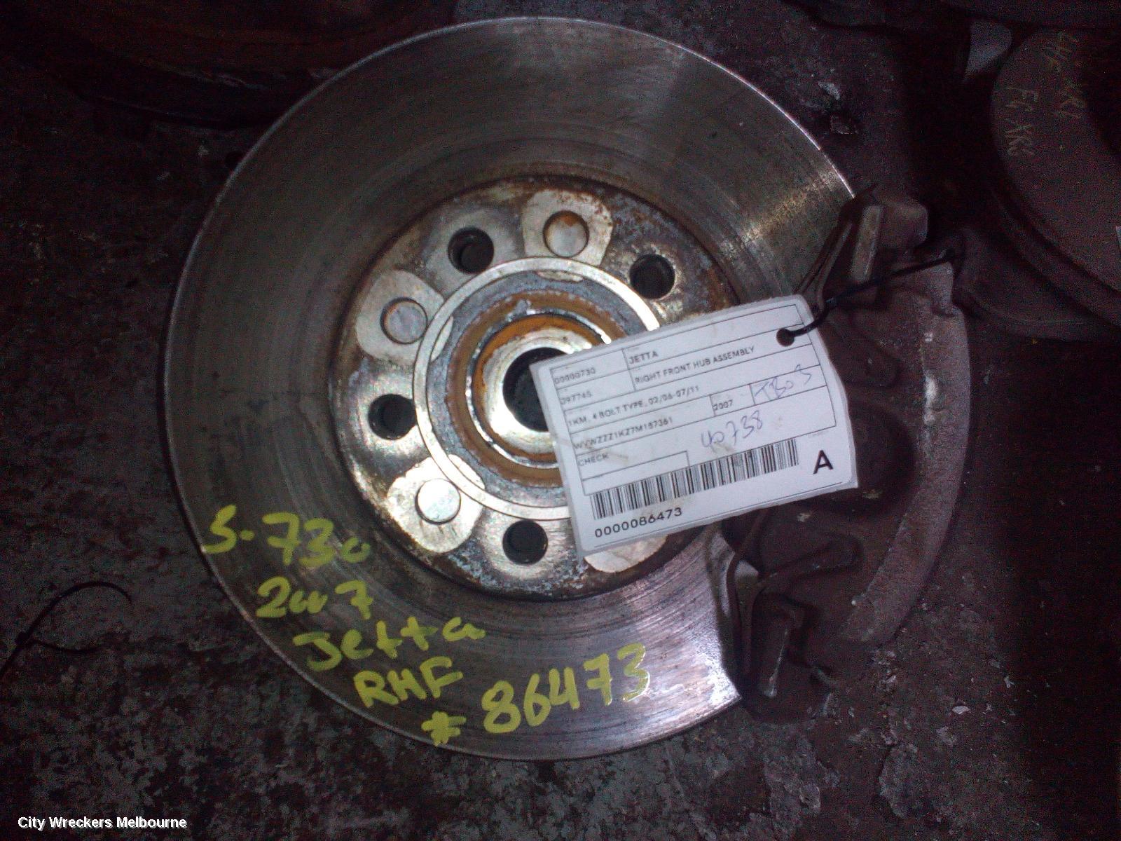 VOLKSWAGEN JETTA RIGHT FRONT HUB ASSEMBLY, 1KM, 4 BOLT TYPE, 02/2006 - 07/2011