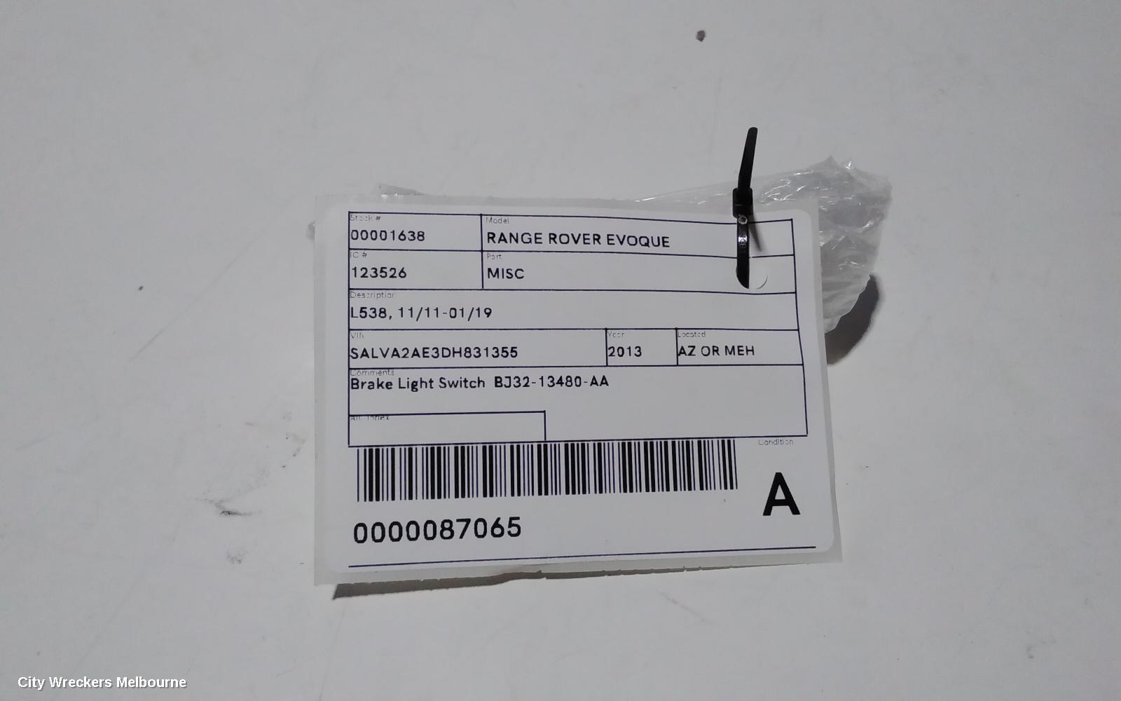 LAND ROVER RANGEROVER EVOQUE, L538, 11/2011 - 01/2019, BRAKE LIGHT SWITCH  BJ32-13480-AA: 87065