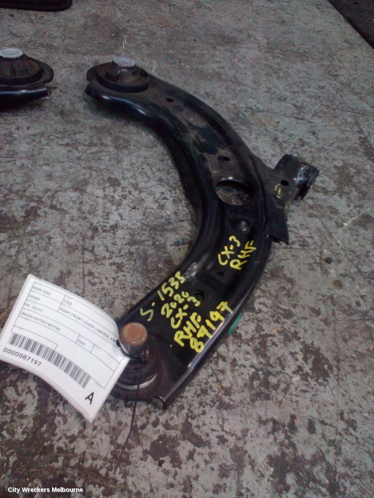 MAZDA CX3 RIGHT FRONT LOWER CONTROL ARM, DK, 02/2017 ONWARDS