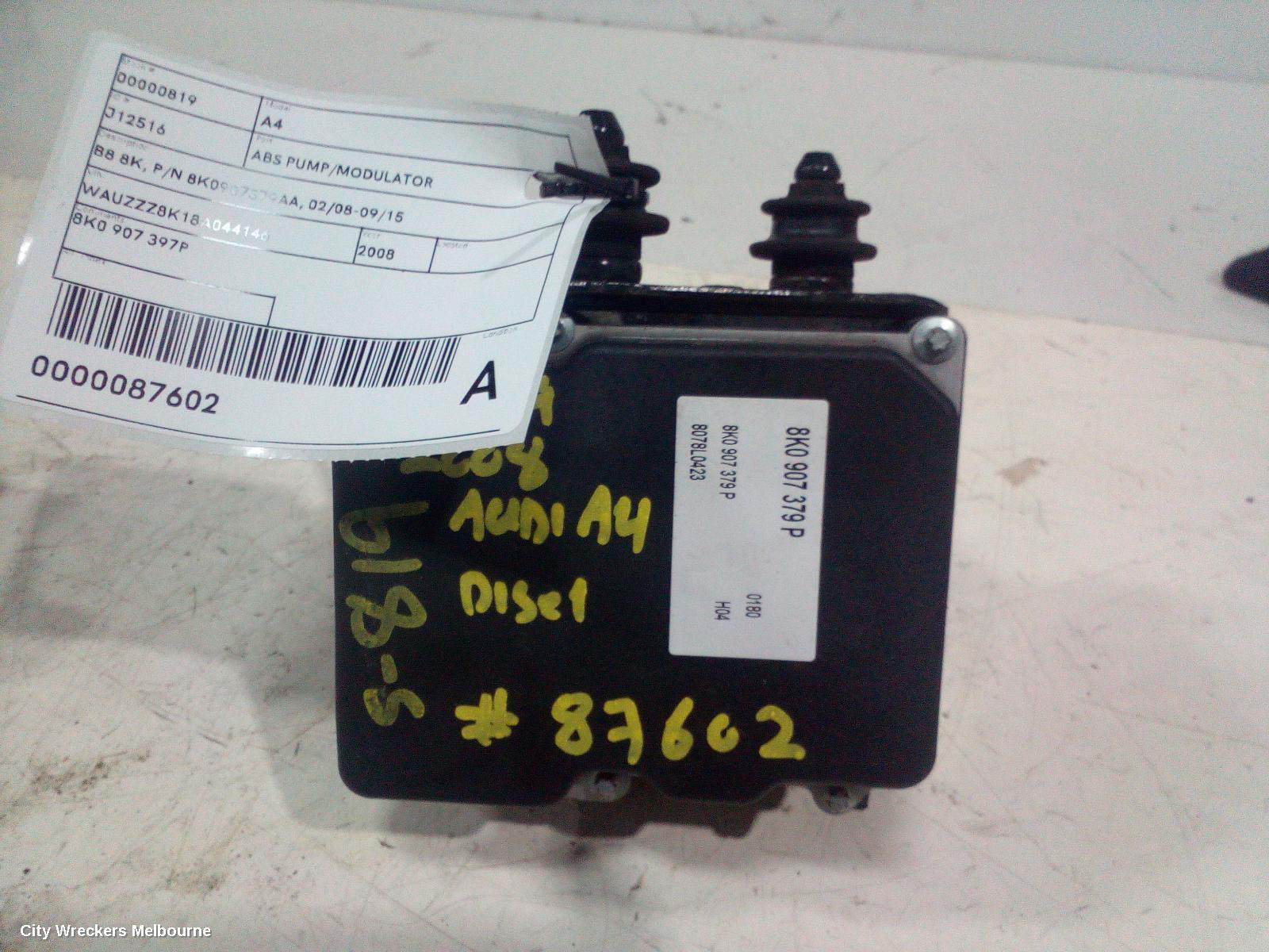 AUDI A4 ABS PUMP/MODULATOR, B8 8K, P/N 8K0907379AA, 02/2008 - 09/2015