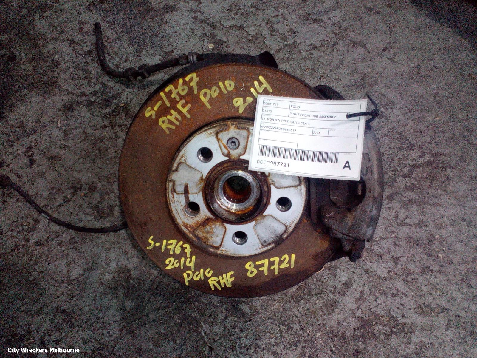 VOLKSWAGEN POLO RIGHT FRONT HUB ASSEMBLY, 6R, NON GTI TYPE, 05/2010 - 05/2014