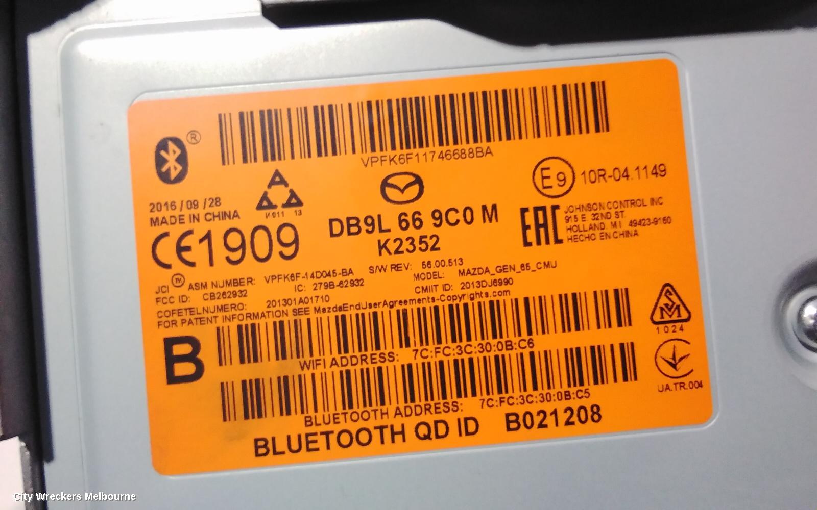 MAZDA CX3 RADIO/CD/DVD/SAT/TV, DISPLAY UNIT, 7IN TOUCHSCREEN, DK, 03/2015 - 02/2022