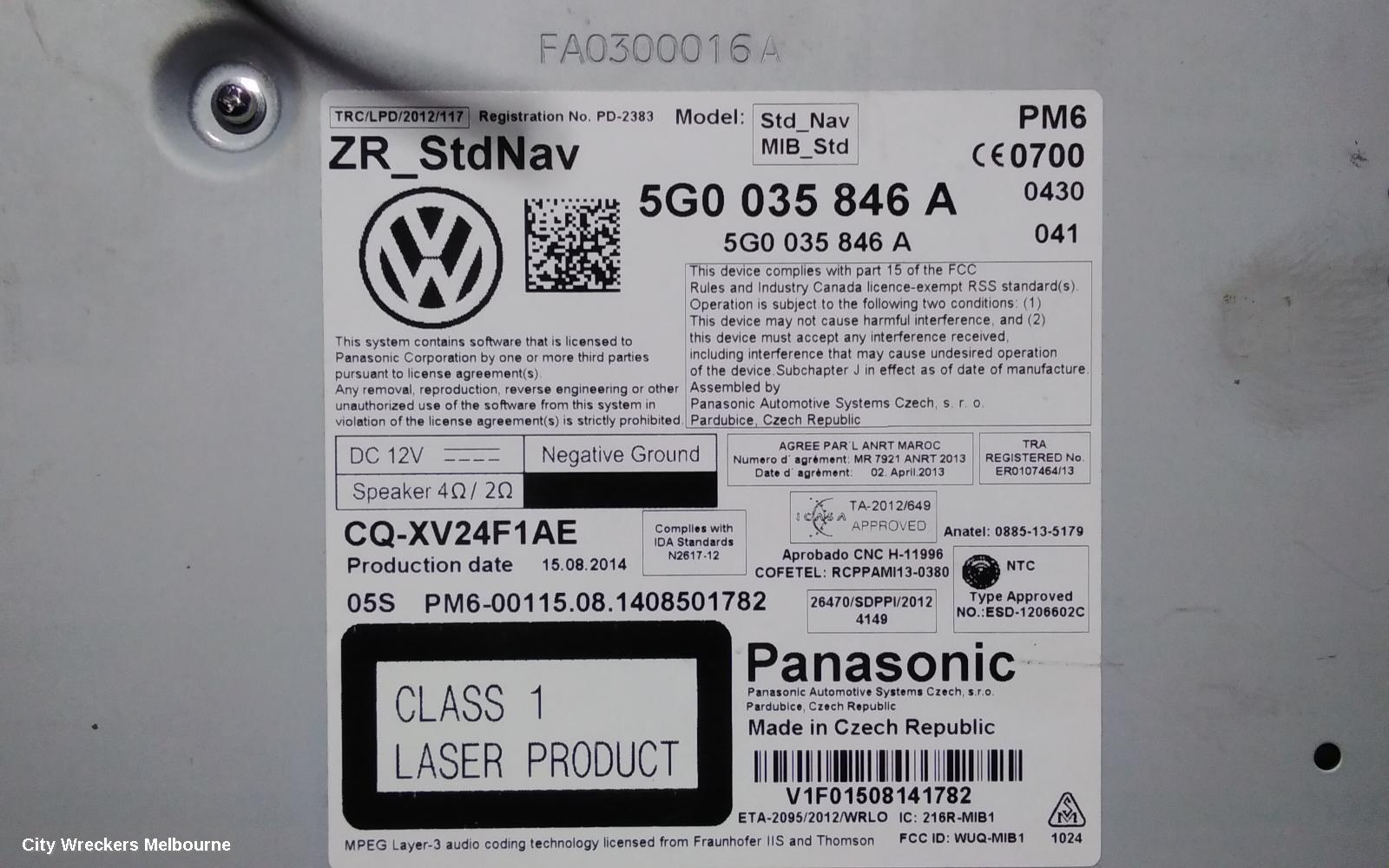VOLKSWAGEN GOLF SAT. NAV. UNIT, GEN 6, 10/2008 - 12/2015