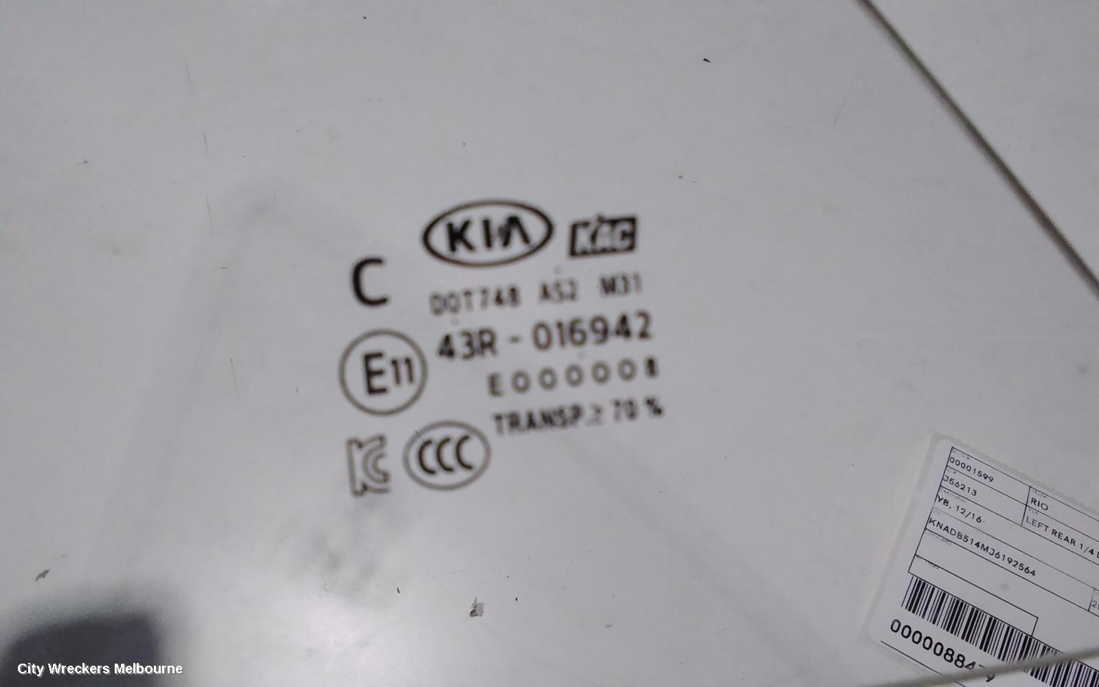 KIA RIO LEFT REAR 1/4 DOOR GLASS, YB, 12/2016 - 06/2023
