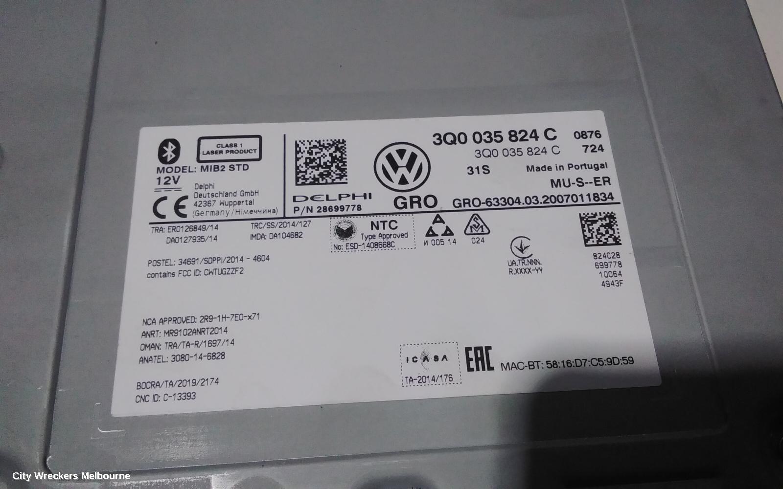 VOLKSWAGEN CRAFTER RADIO/CD/DVD/SAT/TV, DISPLAY UNIT, 8IN, TOUCHSCREEN, SY1, 08/2017 ONWARDS