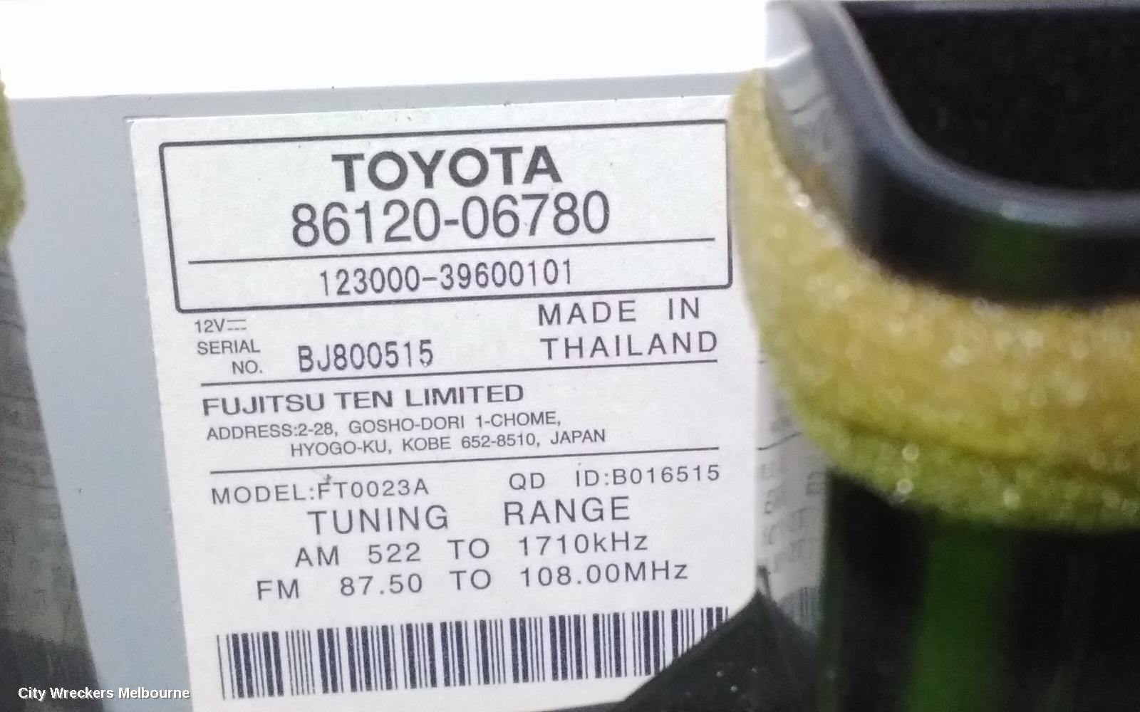 TOYOTA CAMRY RADIO/CD/DVD/SAT/TV, SINGLE DISC CD PLAYER (P/N ON FACE 100025), ASV50/AVV50, 12/2011 - 05/2015