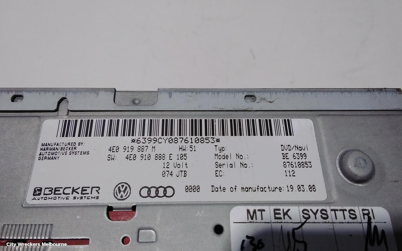 AUDI Q7 RADIO/CD/DVD/SAT/TV, DVD NAVIGATION UNIT, 4L, 09/2006 - 04/2011