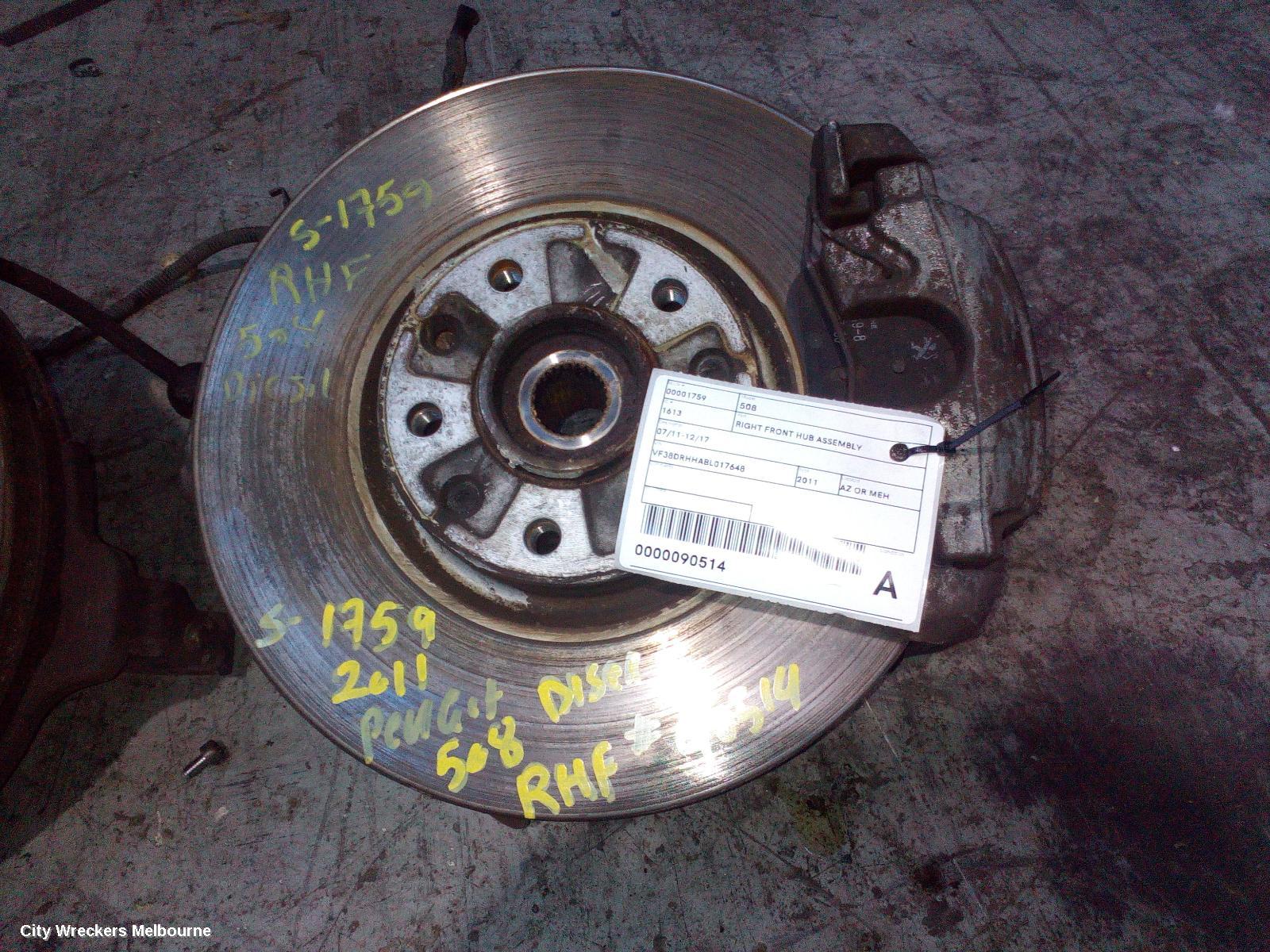 PEUGEOT 508 RIGHT FRONT HUB ASSEMBLY, 07/2011 - 12/2017