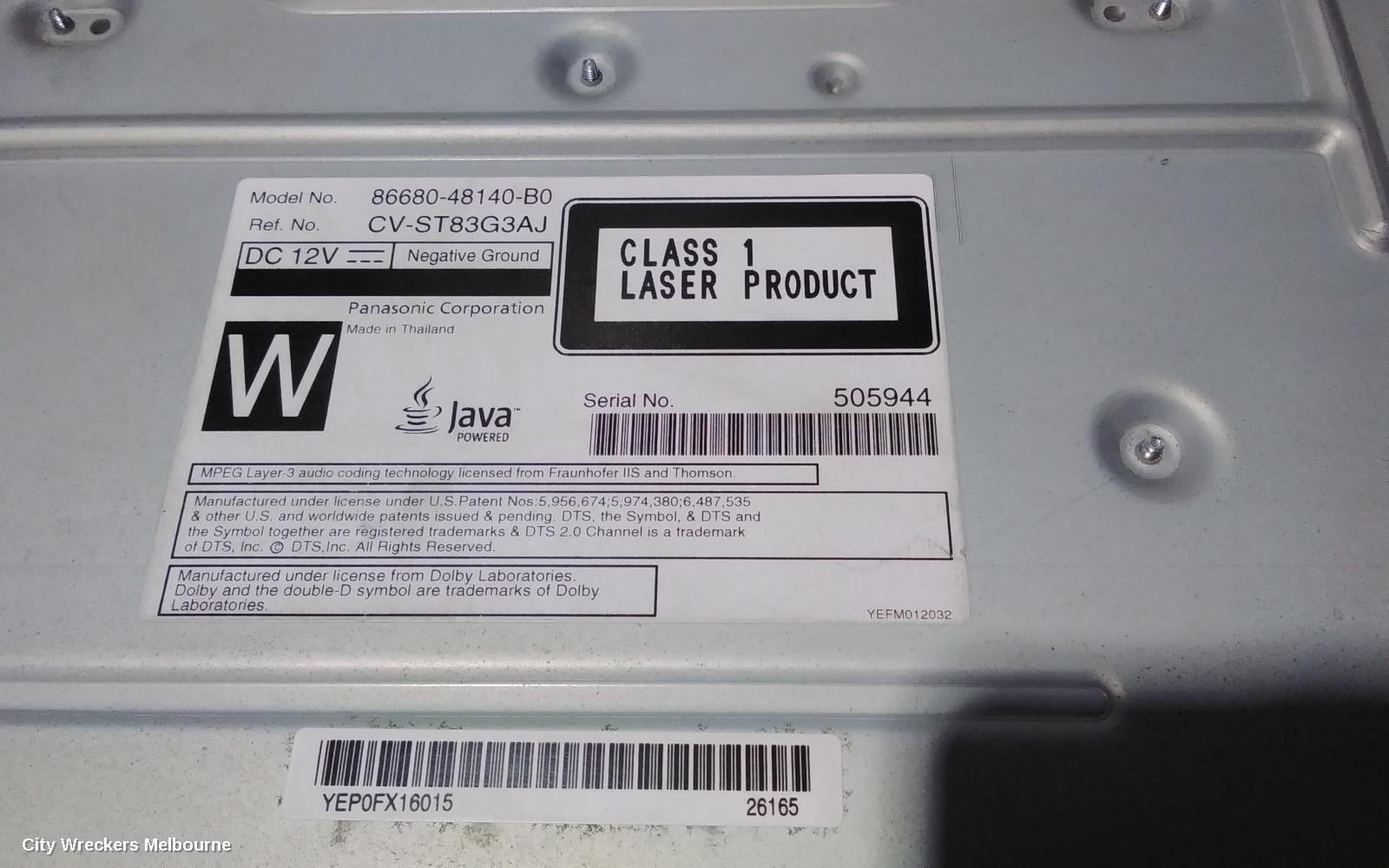 TOYOTA KLUGER RADIO/CD/DVD/SAT/TV, ROOF MOUNT DVD PLAYER, GSU50/GSU55, 12/2013 - 02/2021