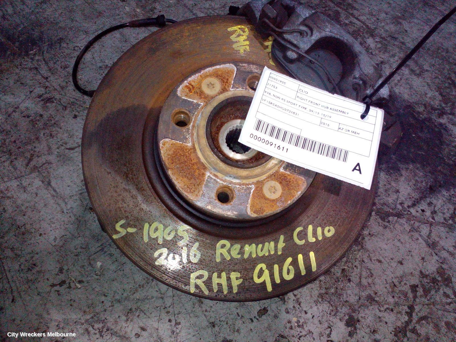 RENAULT CLIO RIGHT FRONT HUB ASSEMBLY, X98, NON RS SPORT TYPE, 09/2013 - 10/2019