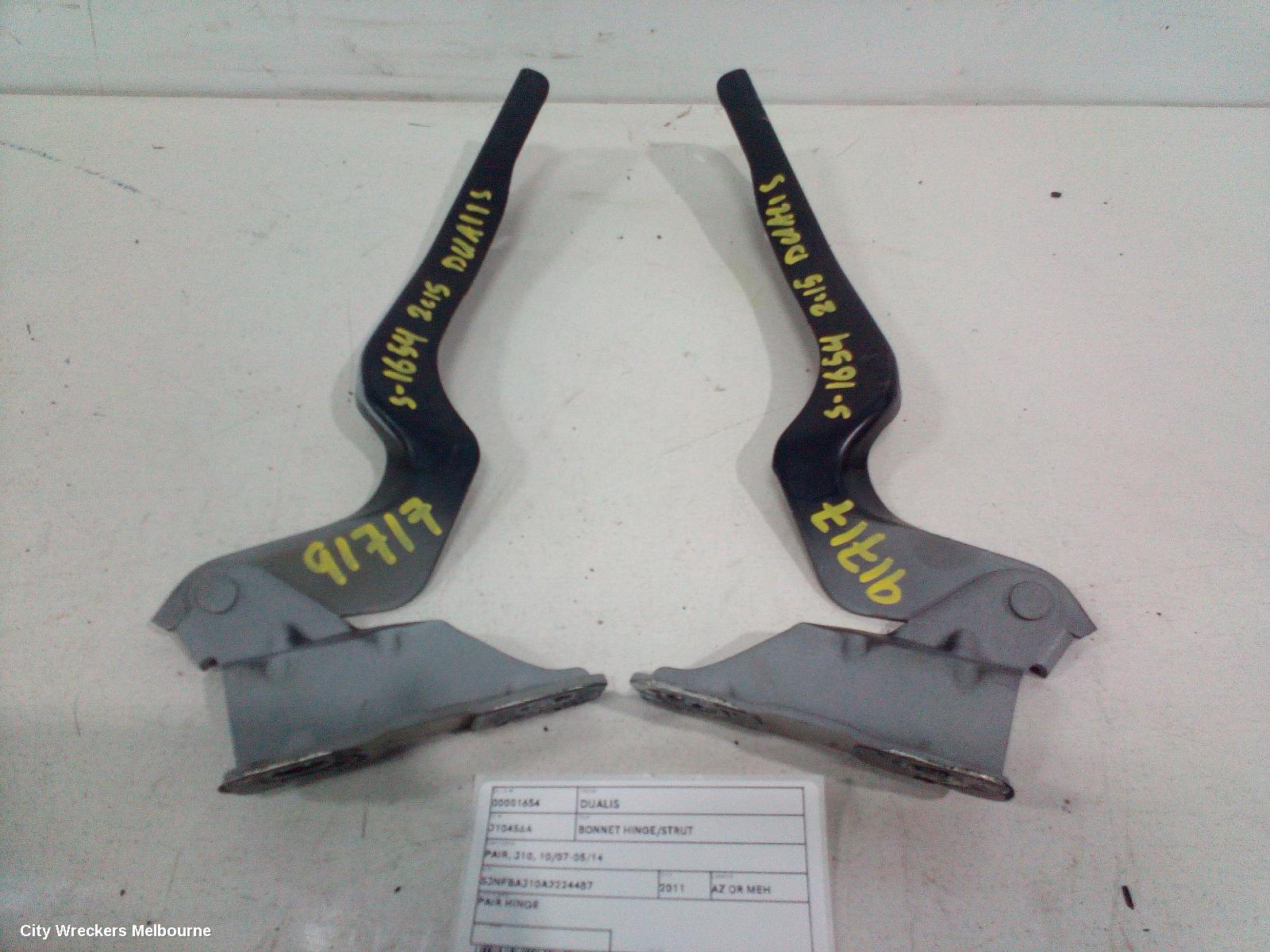 NISSAN DUALIS BONNET HINGE/STRUT, PAIR, J10, 10/2007 - 05/2014