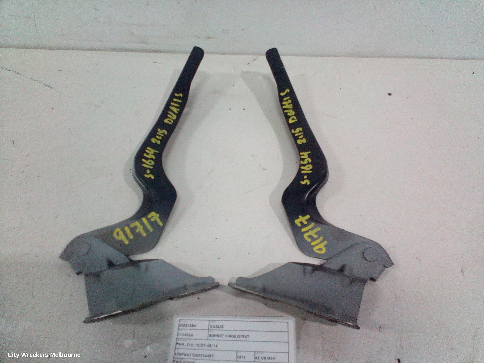 NISSAN DUALIS BONNET HINGE/STRUT, PAIR, J10, 10/2007 - 05/2014