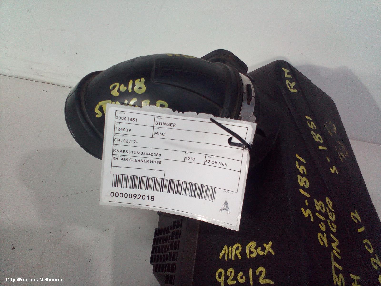 KIA STINGER, CK, 06/2017 - 04/2023, RH  AIR CLEANER HOSE: 92018