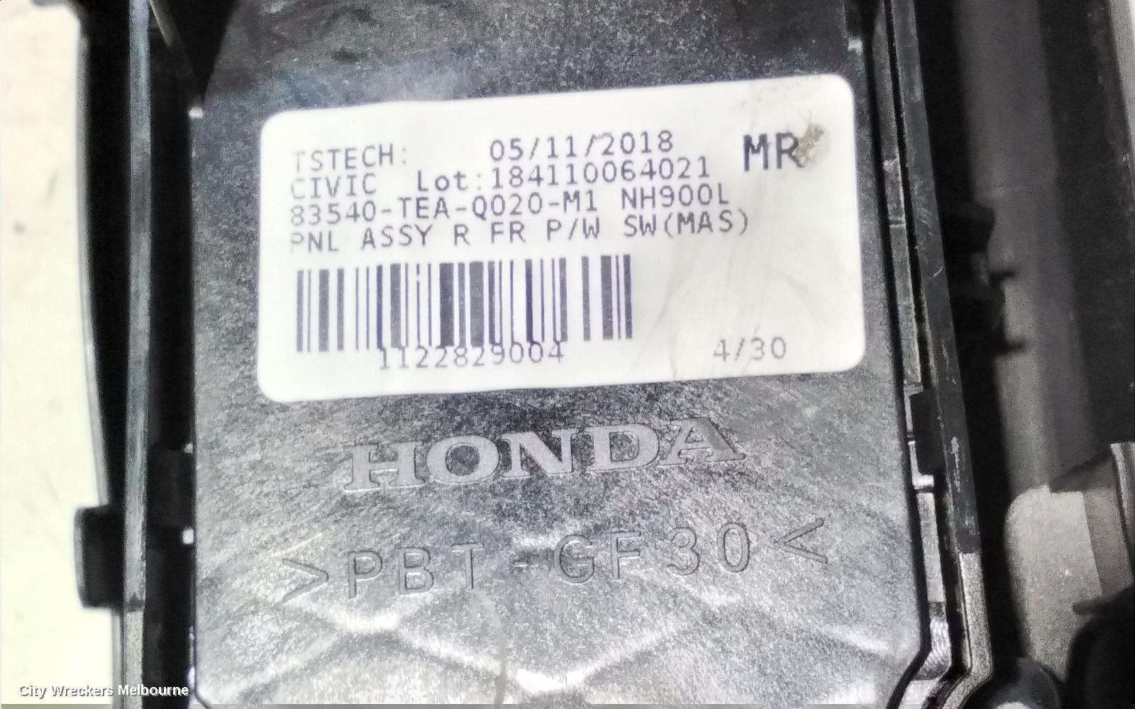 HONDA CIVIC PWR DR WIND SWITCH, RH FRONT (MASTER SWITCH), SEDAN, 10TH GEN, MANUAL FOLD TYPE, 05/2016 - 08/2021