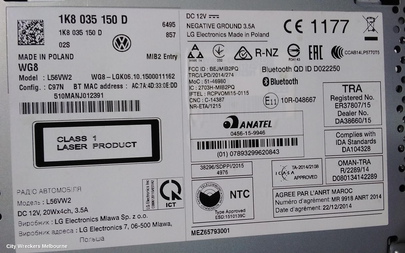 VOLKSWAGEN TRANSPORTER RADIO/CD/DVD/SAT/TV, DISPLAY COMPOSITION COLOUR, 5IN, T6, 07/2015 - 07/2020