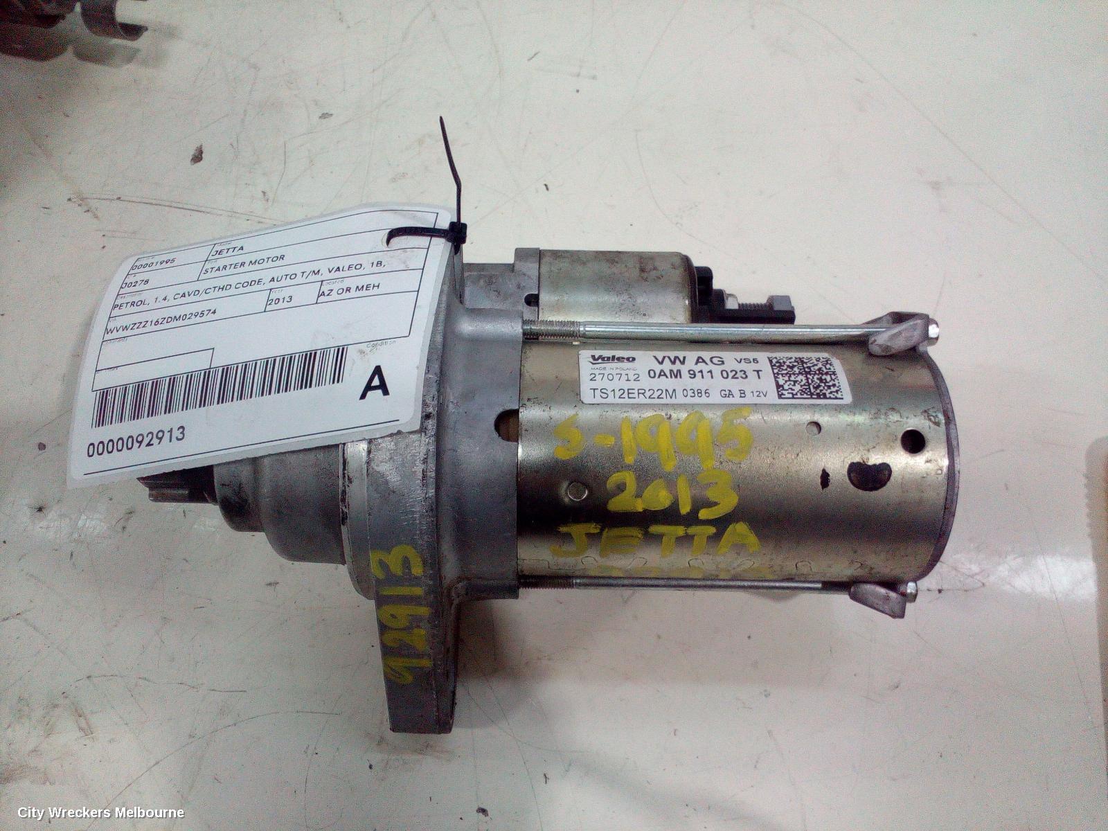 VOLKSWAGEN JETTA STARTER, PETROL, 1.4, CAVD/CTHD CODE, AUTO T/M, VALEO, 1B, 02/2011 - 12/2017