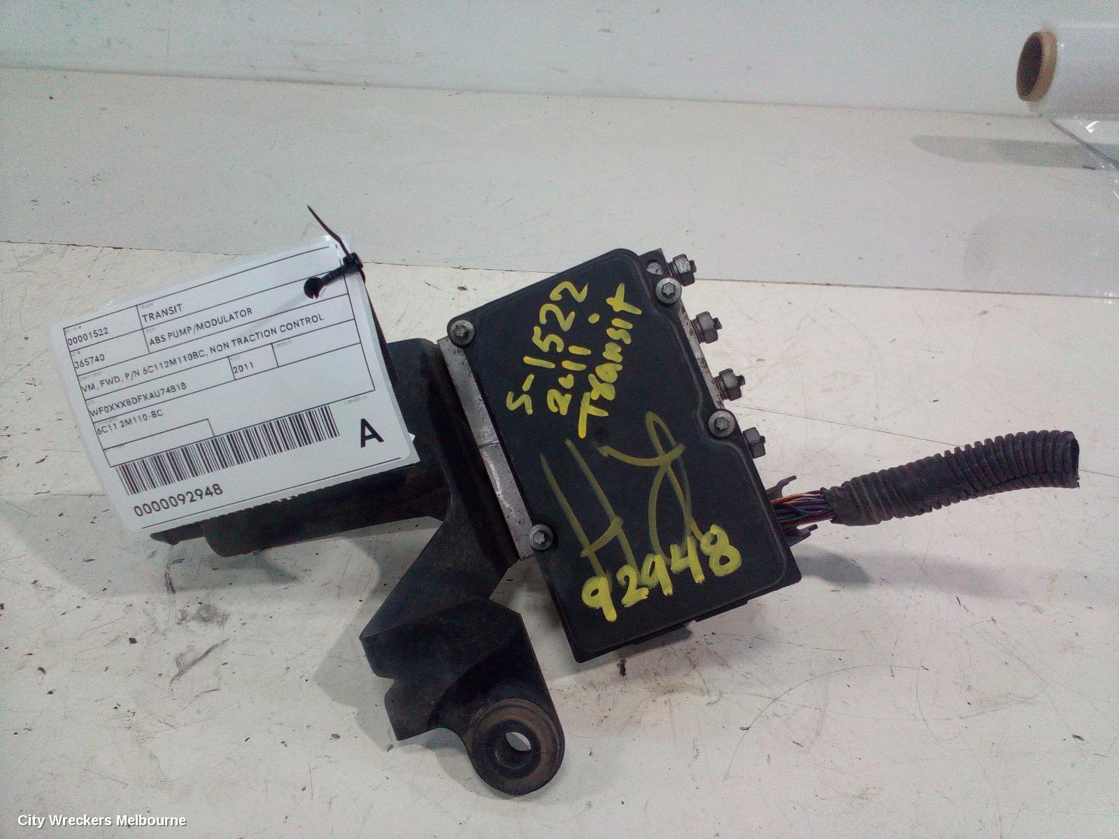 FORD TRANSIT ABS PUMP/MODULATOR, VM, FWD, P/N 6C112M110BC, NON TRACTION CONTROL TYPE, 09/2006 - 02/2014