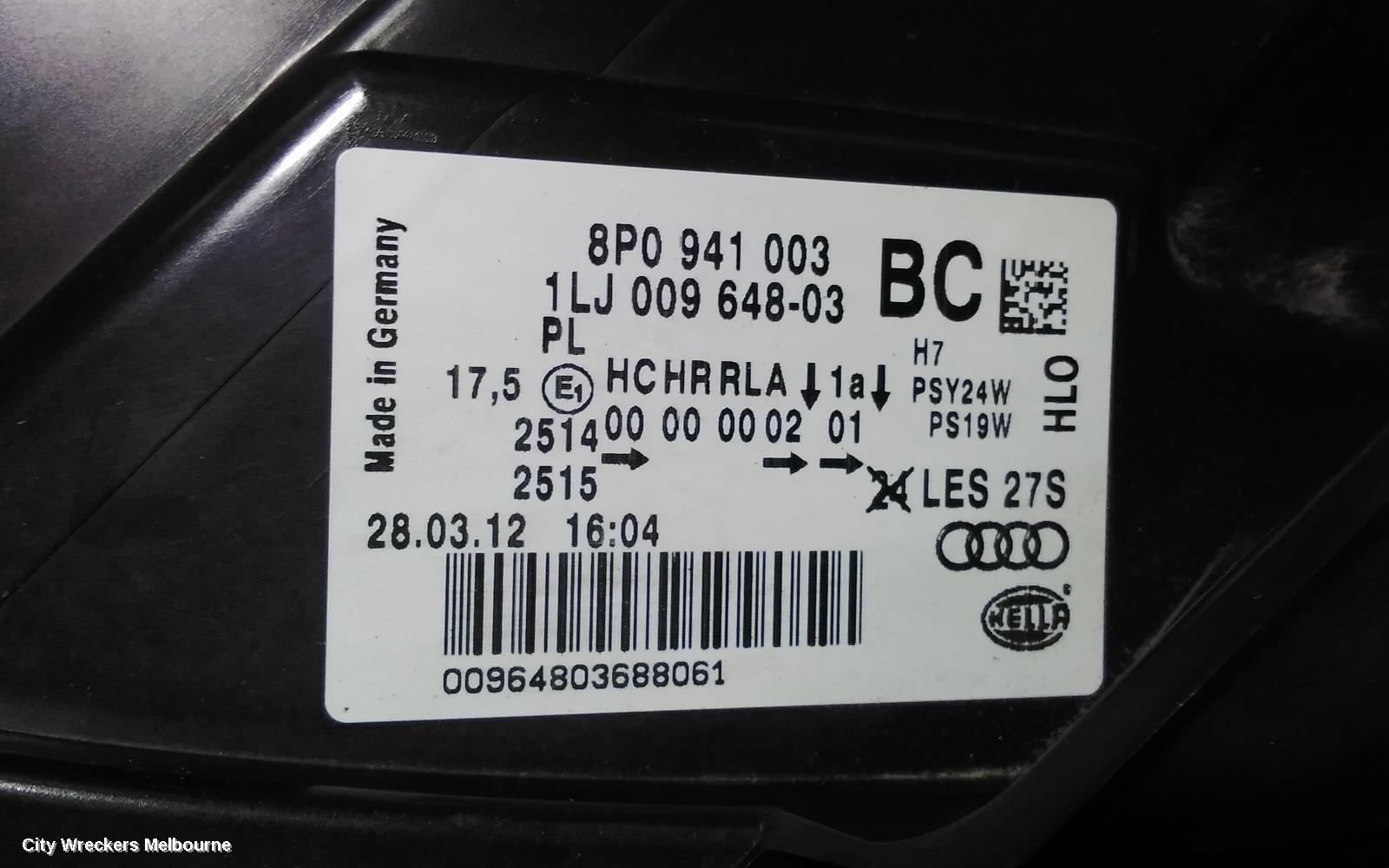AUDI A3 LEFT HEADLAMP, A3, 8P, HALOGEN TYPE, 07/2008 - 04/2013