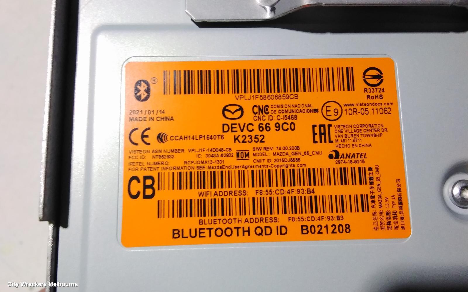 MAZDA CX3 RADIO/CD/DVD/SAT/TV, DISPLAY UNIT, 7IN TOUCHSCREEN, DK, 03/2015 - 02/2022